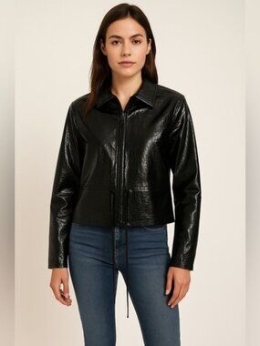 Outer Edge Black Crocodile-Pattern  PU Jacket – Medium